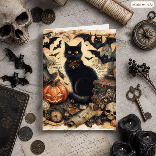 Vintage Gothic Halloween Black Cat Holiday Card
