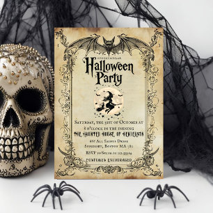 Vintage Gothic Halloween Party Invitation Bat Wi