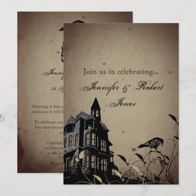 Vintage Gothic House Skull Raven  Anniversary Invitation (Front/Back)