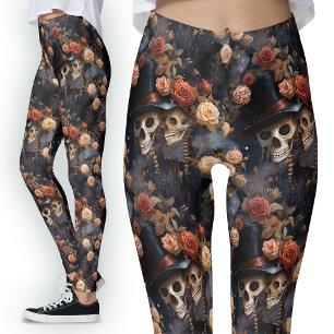 Vintage Gothic Lovers Floral Romantic Skeleton Leggings