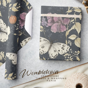 Vintage Gothic Moth & Dark Floral Grey & Ivory Wrapping Paper