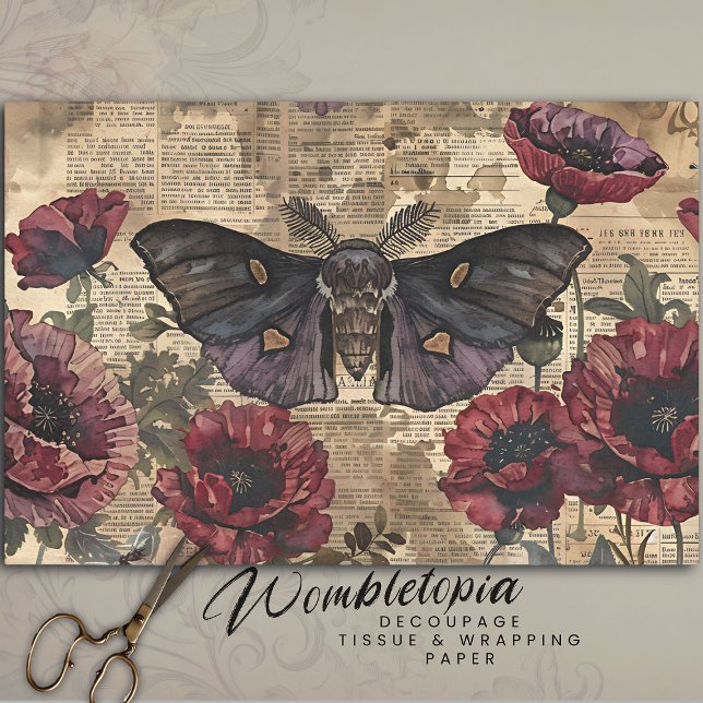 Vintage Gothic Moth & Red Poppy Botanical Ephemera Tissue Paper (Creator Uploaded)