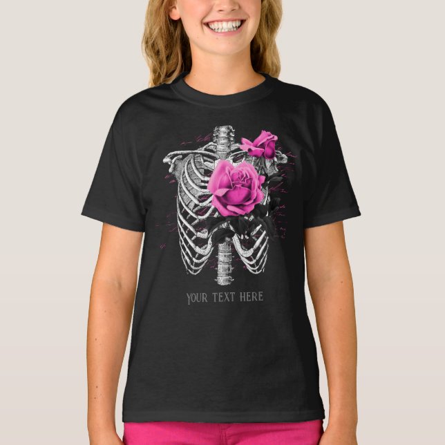 Vintage Gothic Pink Rose Skeleton Personalized T-Shirt (Front)