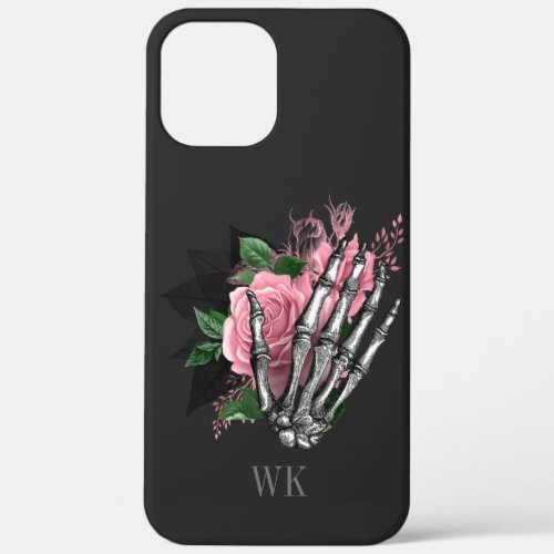 Vintage Gothic Pink Roses Skeleton Monogram iPhone 12 Pro Max Case