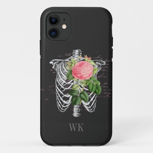 Vintage Gothic Pink Roses Skeleton Monogram iPhone 11 Case