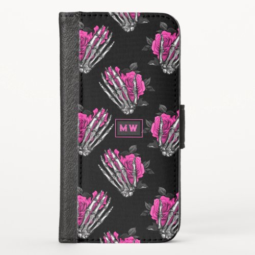 Vintage Gothic Pink Roses Skeleton Monogram iPhone X Wallet Case