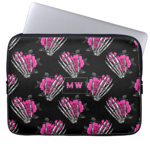 Vintage Gothic Pink Roses Skeleton Monogram Laptop Sleeve