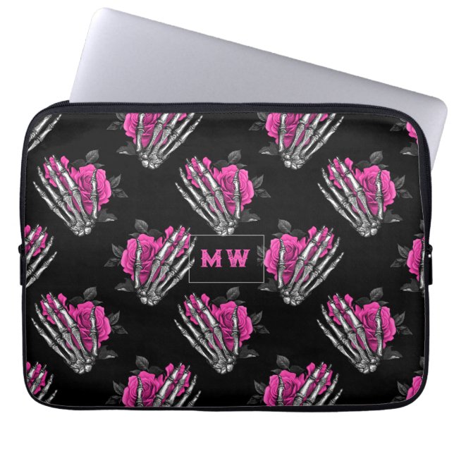 Vintage Gothic Pink Roses Skeleton Monogram Laptop Sleeve (Front)