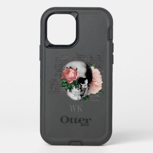 Vintage Gothic Pink Roses Skeleton Monogram OtterBox Defender iPhone 12 Pro Case