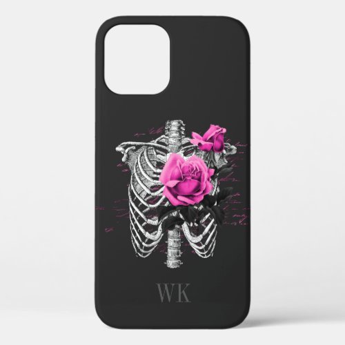 Vintage Gothic Pink Roses Skull Monogram iPhone 12 Case