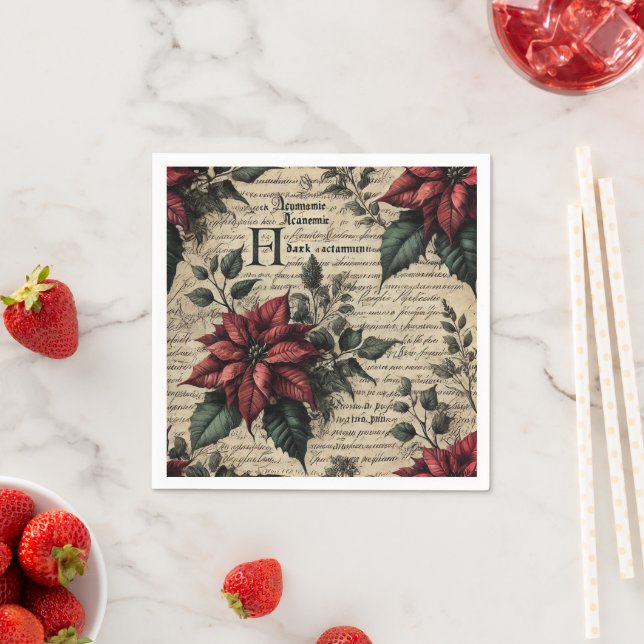 Vintage Gothic Poinsettia Parchment Decoupage Napkins (Insitu)
