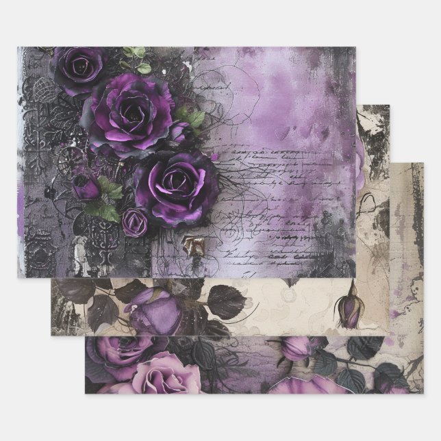 Vintage Gothic Purple Roses Decoupage  Wrapping Paper Sheets (Set)