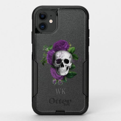 Vintage Gothic Purple Roses Skull Monogram OtterBox Commuter iPhone 11 Case