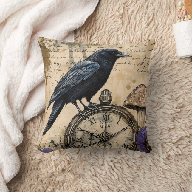 Vintage Gothic Raven Throw Pillow (Blanket)