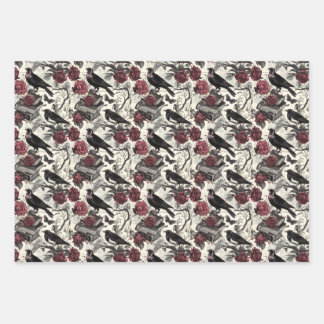 Vintage Gothic Ravens, Roses and Books Wrapping Paper Sheets