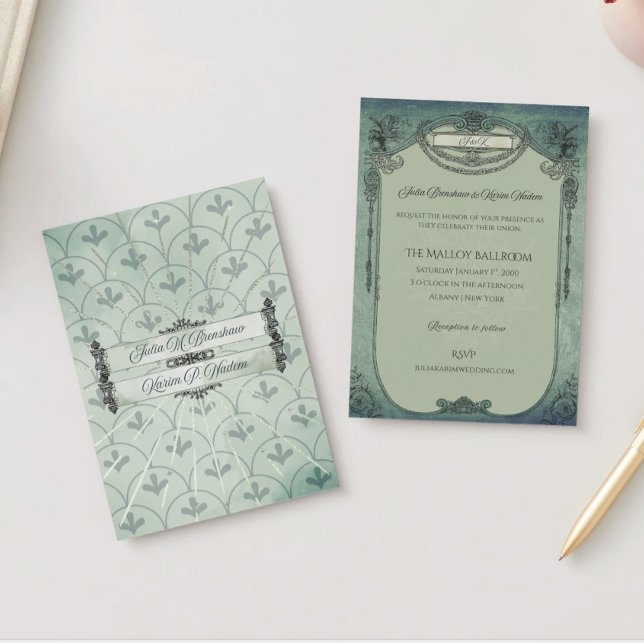 Vintage Gothic Sage Green Wedding Foil Invitation (Example Invitation)