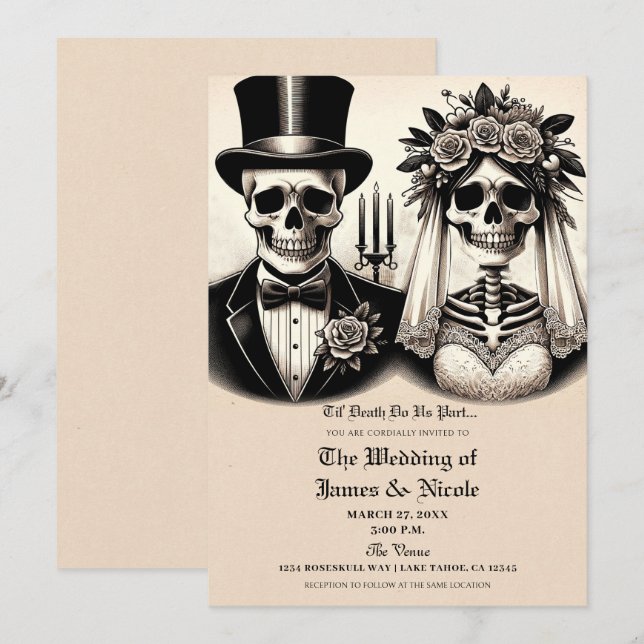 Vintage Gothic Skeleton Bride & Groom Wedding Invitation (Front/Back)