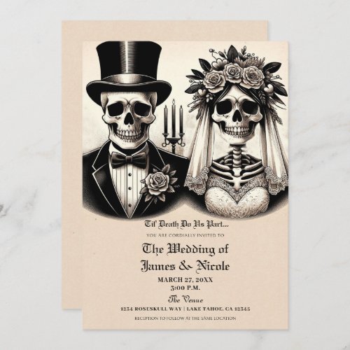 Vintage Gothic Skeleton Bride  Groom Wedding Invitation