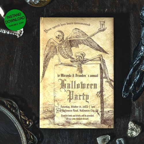 Vintage Gothic Skeleton Tombstone Halloween Party Invitation