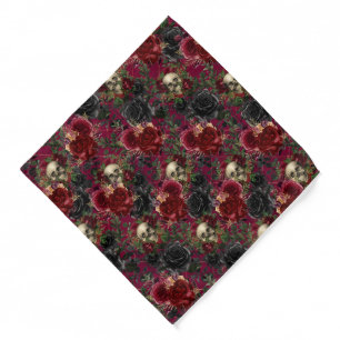 Vintage Gothic Skull and Roses Red and Black Bandana