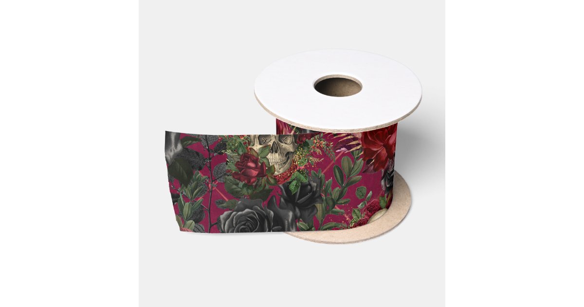 Skull And Roses With Ribbon Vintage Gothic Skull and Roses Red and Black Satin Ribbon | Zazzle