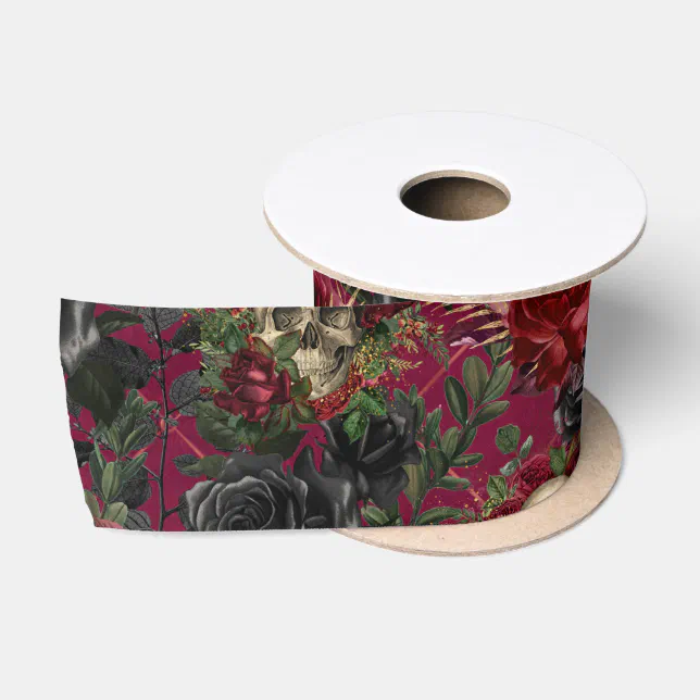 Vintage Gothic Skull and Roses Red and Black Satin Ribbon | Zazzle