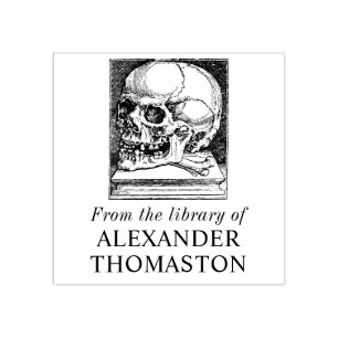 Vintage Gothic Skull on Book Library Name Rubber Stamp
