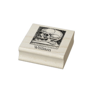 Vintage Gothic Skull on Book Name Rubber Stamp