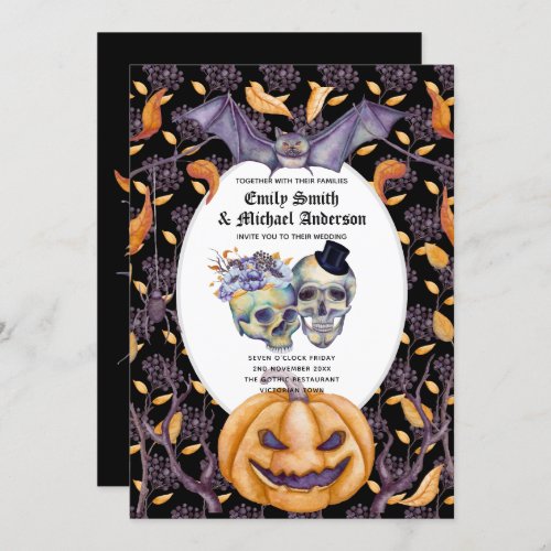 Vintage Gothic Skulls Purple Oranage Flowers Goth Invitation