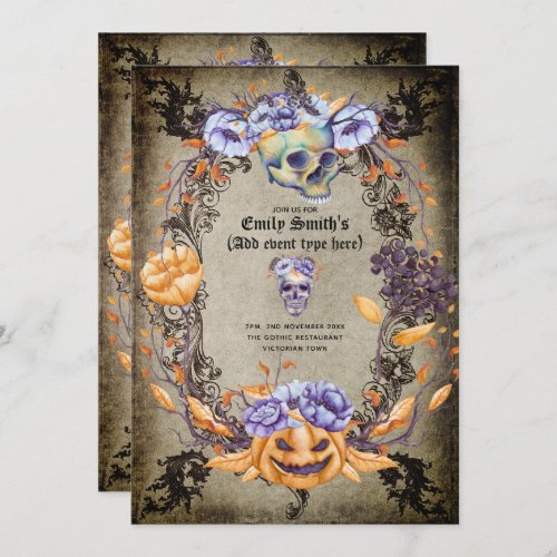 Vintage Gothic Skulls Purple Oranage Flowers Goth Invitation