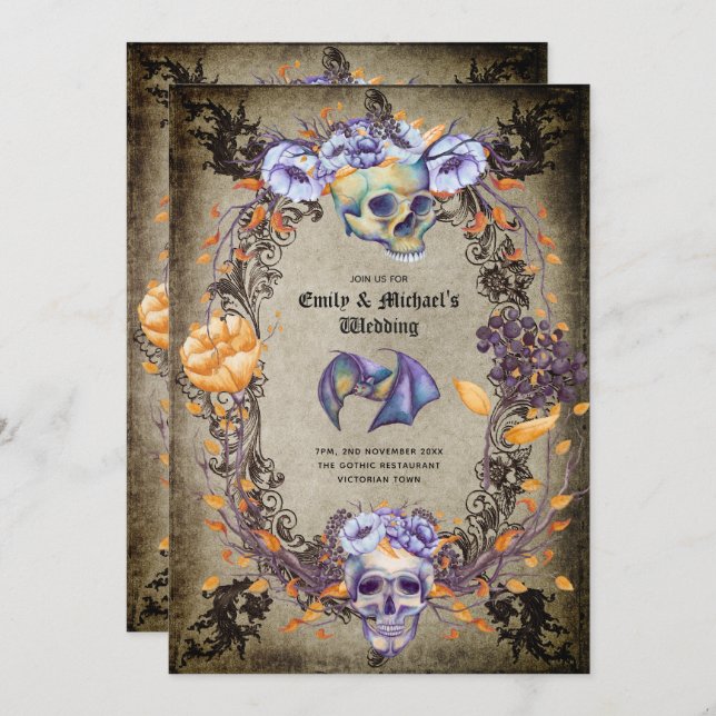 Vintage Gothic Skulls Purple Orange Flowers Goth Invitation (Front/Back)