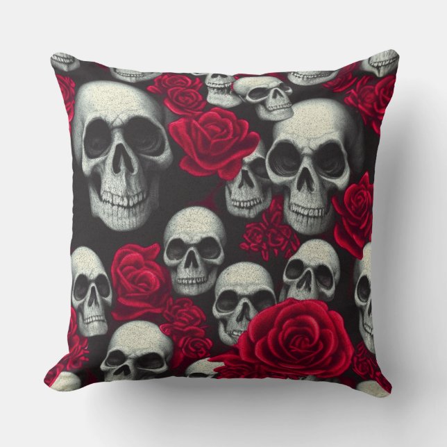 Vintage Gothic Skulls Red Roses Garden Throw Pillow (Front)