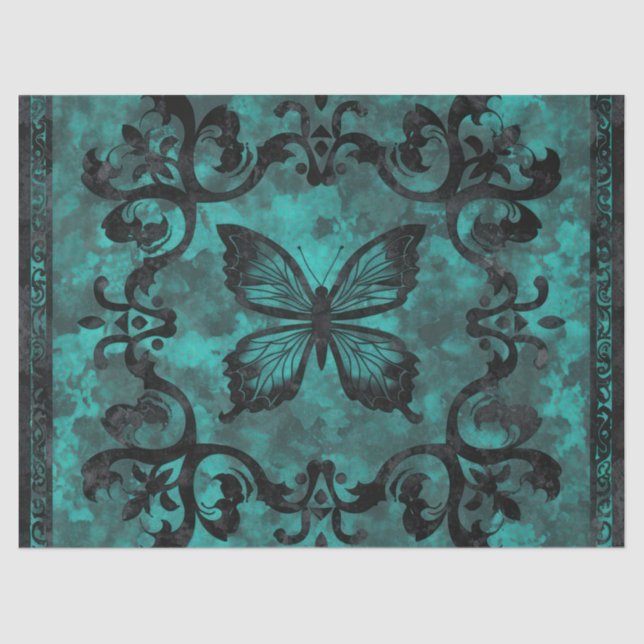 Vintage Gothic Turquoise Butterfly Decoupage Tissue Paper (Front)