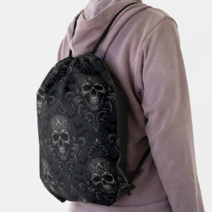 Vintage Gothic Victorian Skull Damask Halloween Drawstring Bag