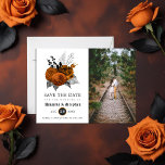 Vintage Gothic Wedding Save the Date Photo Postcard<br><div class="desc">Vintage orange and black floral gothic Halloween-themed wedding save the date postcard customizable to your specifics. Should your names look a bit off-centered when entered,  "Click to customize further" (the blue link at the bottom of "Personalize this template") to easily adjust in the design area.</div>
