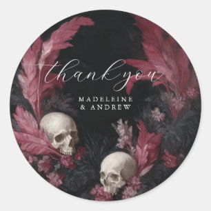 Vintage Gothic Wedding Skull Feathers Thank You Classic Round Sticker