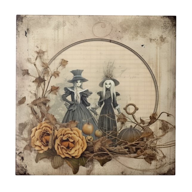 Vintage Gothic Witches Autumn Parchment Ceramic Tile (Front)