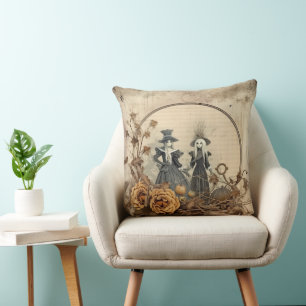 Vintage Gothic Witches Autumn Parchment Throw Pillow