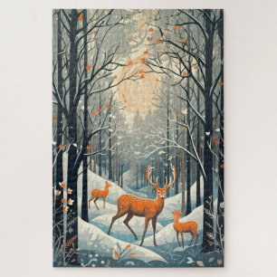 Vintage Gouache Styled Winter Deer 20x30 Jigsaw Puzzle