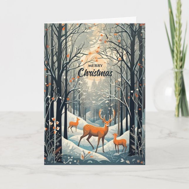 Vintage Gouache Styled Winter Deer Christmas Holiday Card (Front)