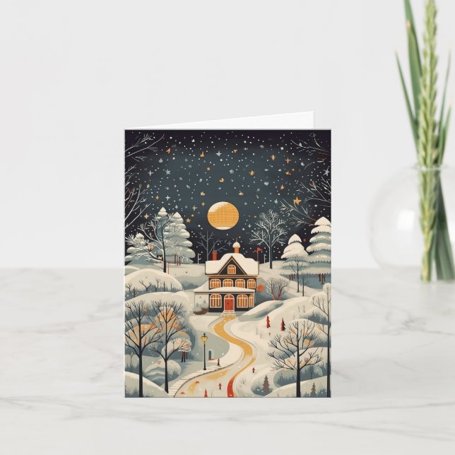 Vintage Gouache Styled Winter Home Blank Note Card (Front)