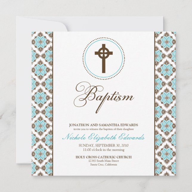 Vintage Grace Baptism Invitation (chocolate/aqua) (Front)