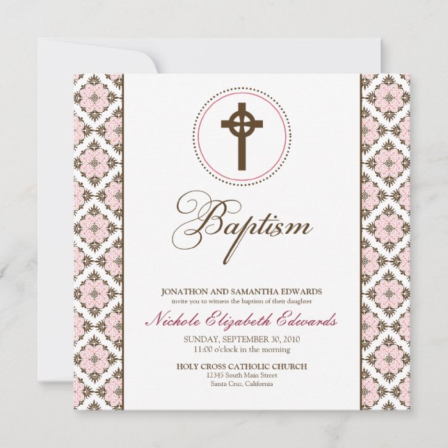 Vintage Grace Baptism Invitation (chocolate/pink) (Front)