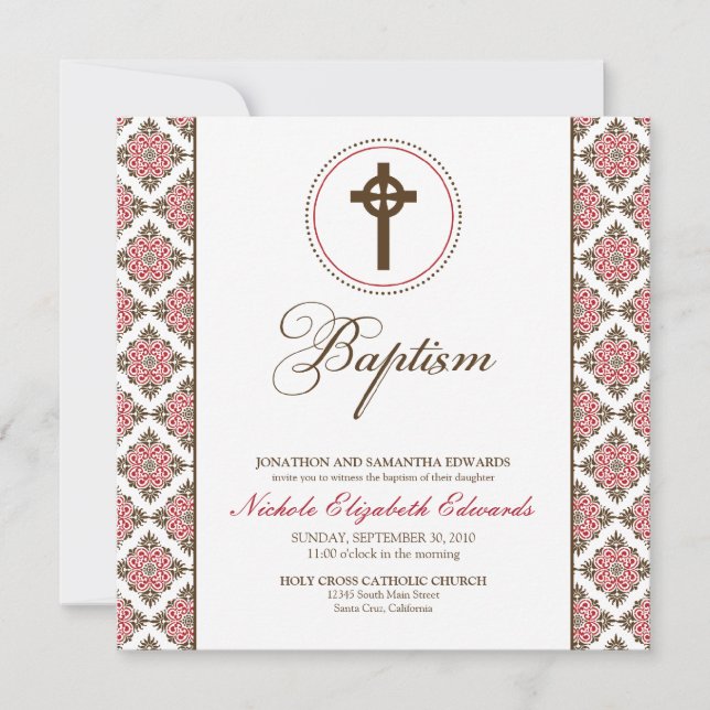 Vintage Grace Baptism Invitation (chocolate/red) (Front)