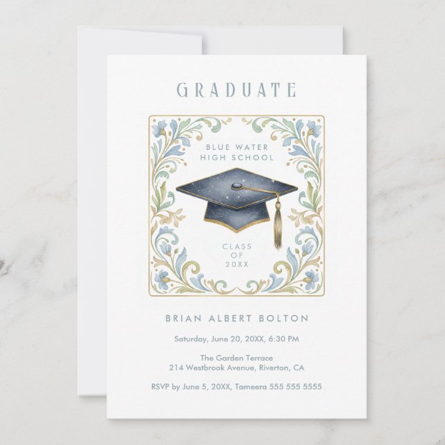 Vintage Graduate Cap with Floral Frame Invitation (Front)