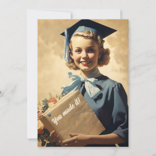 Vintage graduate girl holding book announcement