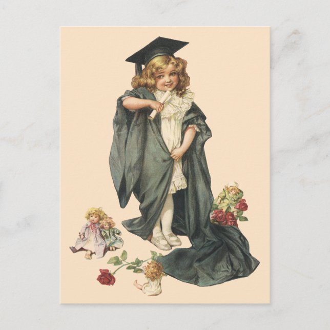Vintage Graduation, Girl Wearing a Cap and Gown Announcement Postcard (Front)
