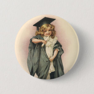 Vintage Graduation, Girl Wearing a Cap and Gown Button