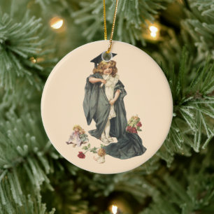 Vintage Graduation, Girl Wearing a Cap and Gown Ceramic Ornament