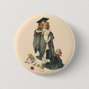 Vintage Graduation, Girl Wearing a Cap and Gown Pinback Button
